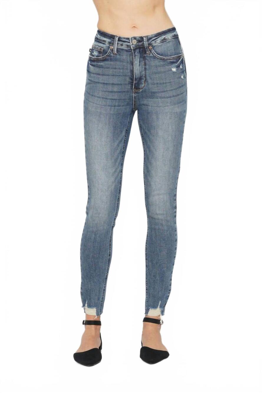 NEW JUDY BLUE velma high control hem destroy skinny jeans in medium vintage wash